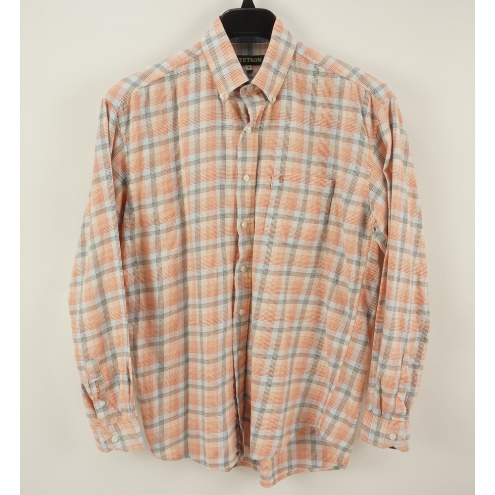 Stetson Men's Large Long Sleeve Orange White Blue Plaid Cotton Button Down Shirt